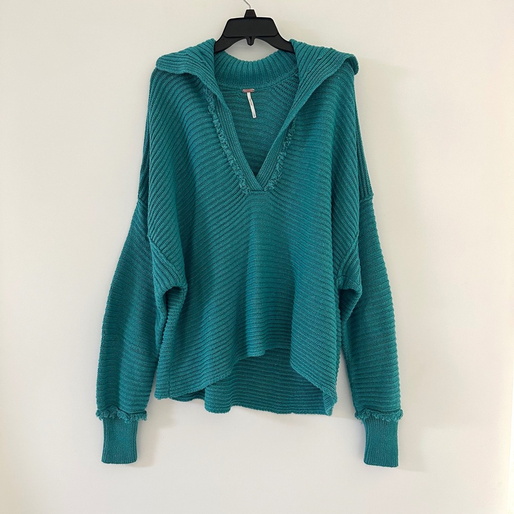 Free People Marlie Pullover Oversized Sweater Large Teal Cropped V-Neck Ribbed